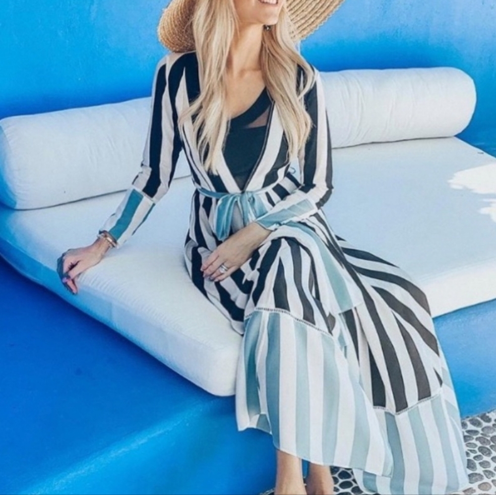 We are Leone  Contrast Maxi Cardigan Dress Black Stripe Powder Blue stripes Silk